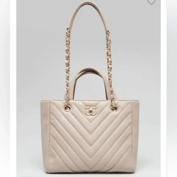 CHANEL Taupe CC Lambskin Chevron Quilted Leather Chain Statement Shopper Tote - Picture 15 of 15